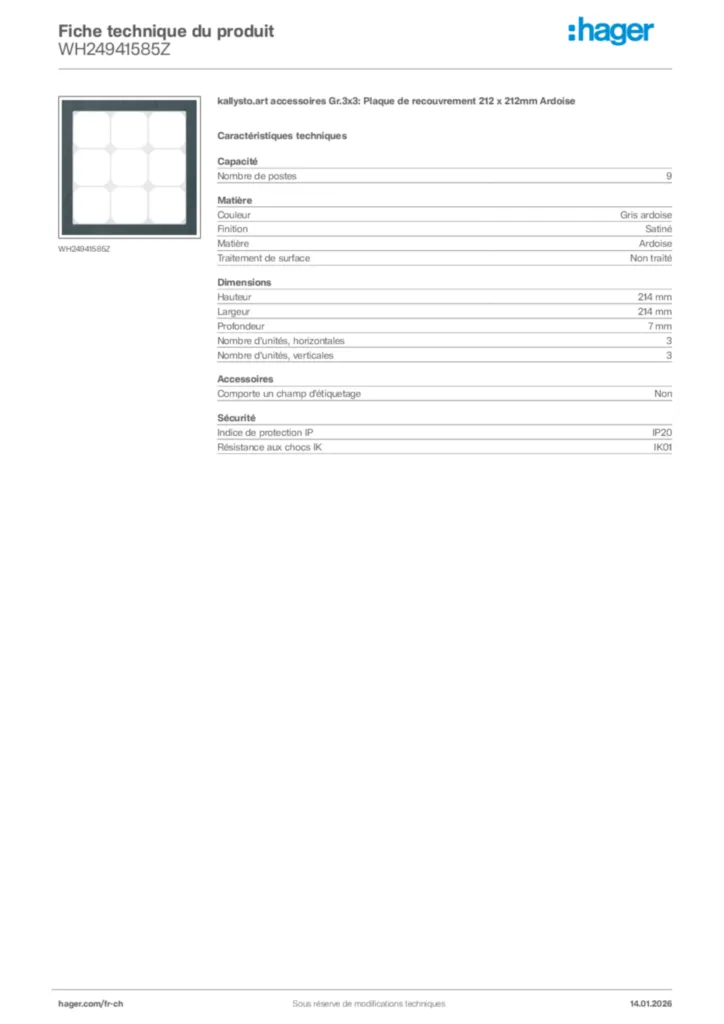 Image Hager Fiche technique du produit WH24941585Z | Hager Suisse
