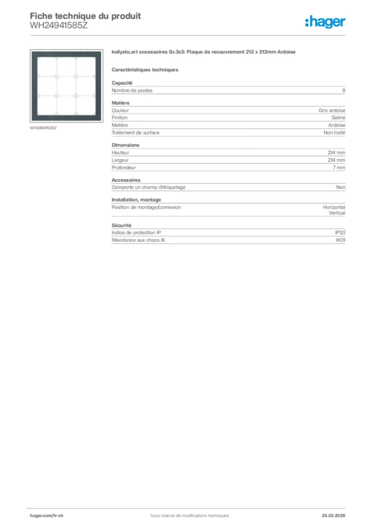 Image Hager Fiche technique du produit WH24941585Z | Hager Suisse
