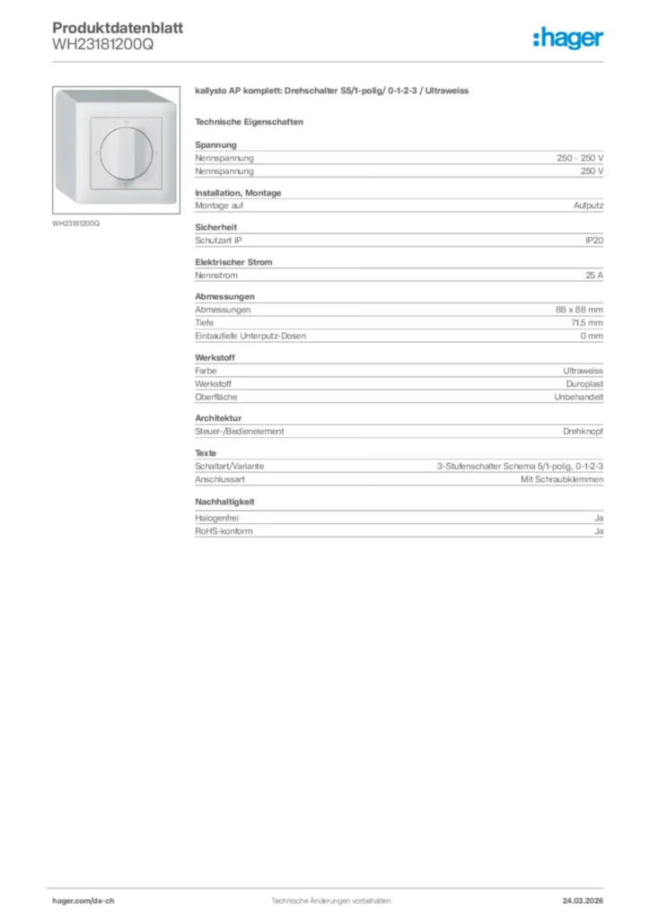 Bild Hager Produktdatenblatt WH23181200Q | Hager Schweiz