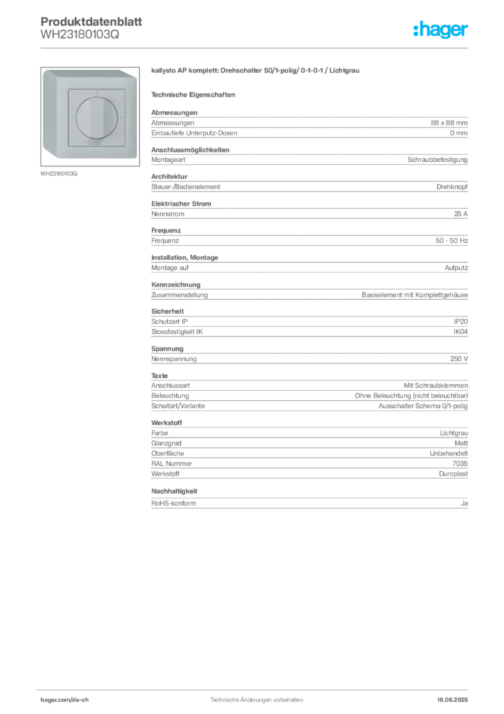 Bild Hager Produktdatenblatt WH23180103Q | Hager Schweiz