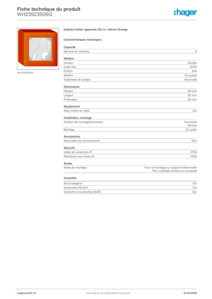 Image Hager Fiche technique du produit WH23923506Q | Hager Suisse