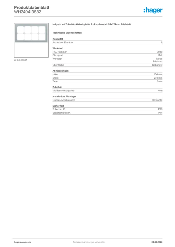Bild Hager Produktdatenblatt WH24941388Z | Hager Schweiz