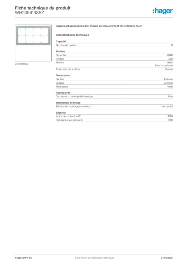 Image Hager Fiche technique du produit WH24941388Z | Hager Suisse