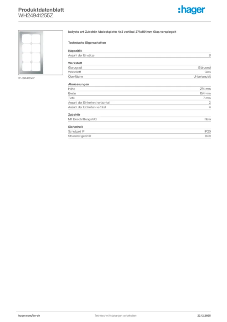 Bild Hager Produktdatenblatt WH24941255Z | Hager Schweiz