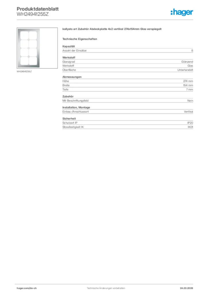 Bild Hager Produktdatenblatt WH24941255Z | Hager Schweiz