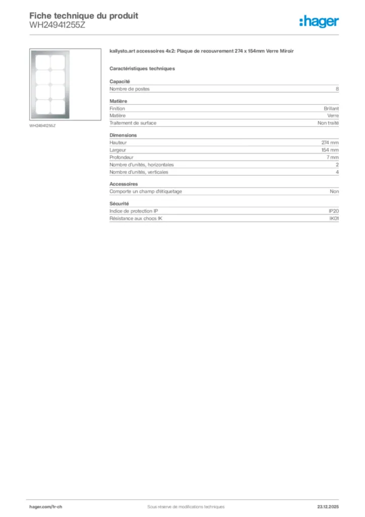 Image Hager Fiche technique du produit WH24941255Z | Hager Suisse