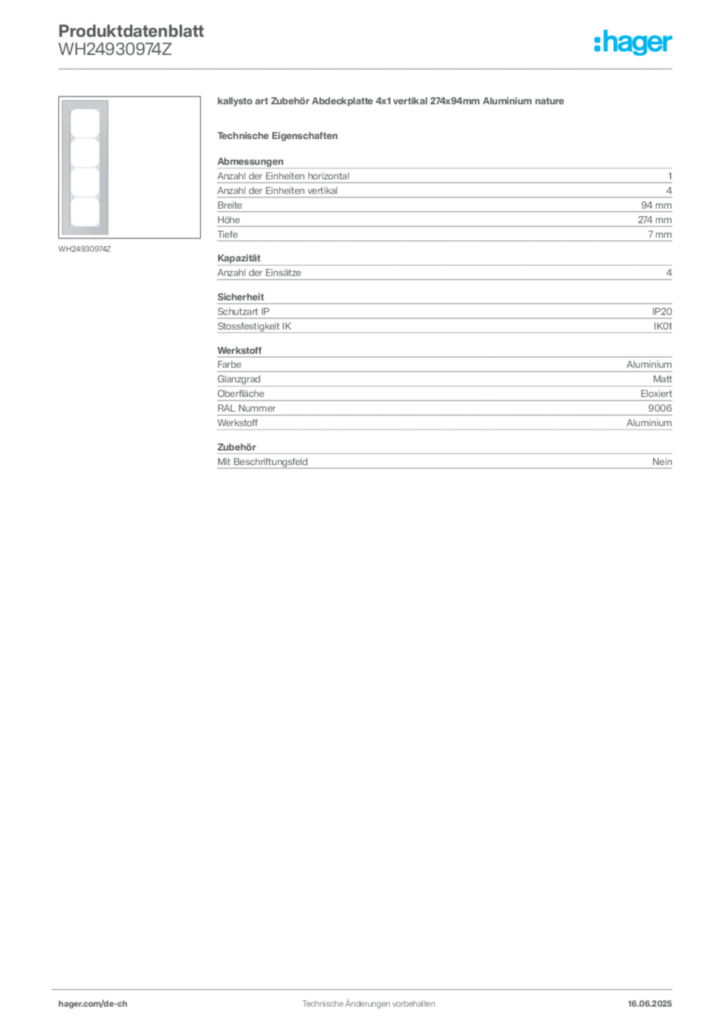 Bild Hager Produktdatenblatt WH24930974Z | Hager Schweiz