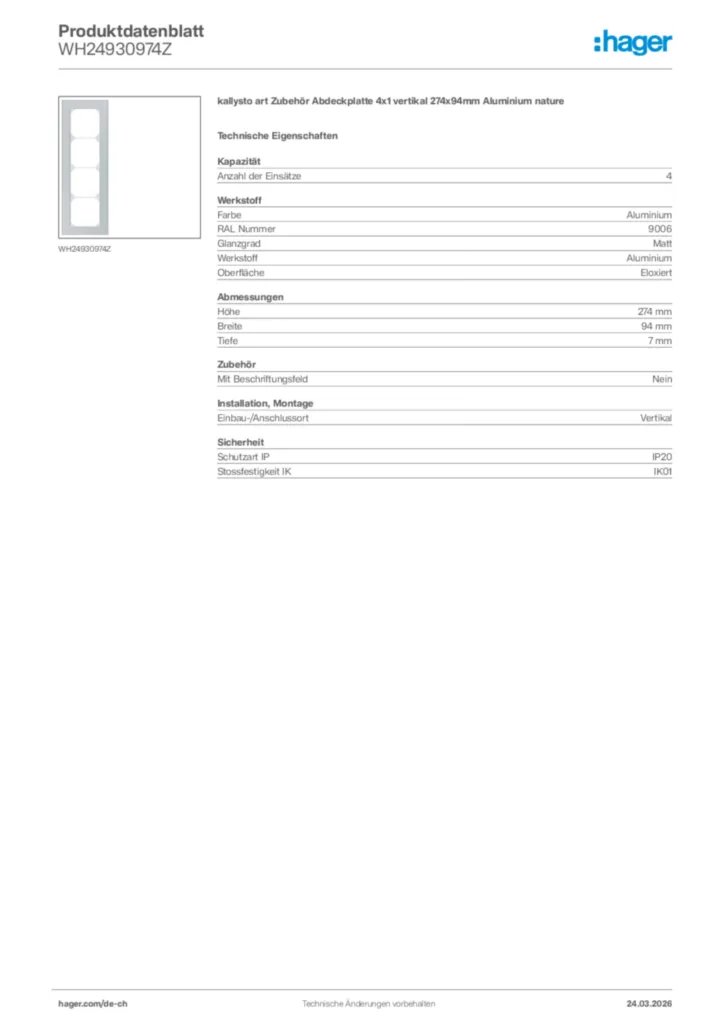 Bild Hager Produktdatenblatt WH24930974Z | Hager Schweiz