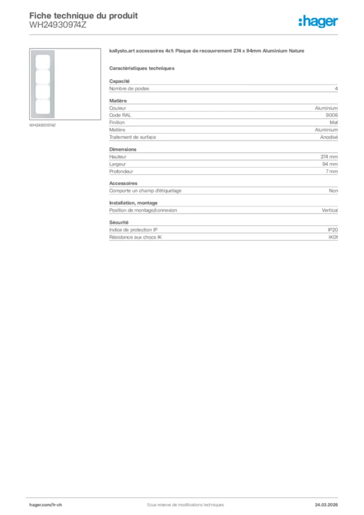 Image Hager Fiche technique du produit WH24930974Z | Hager Suisse