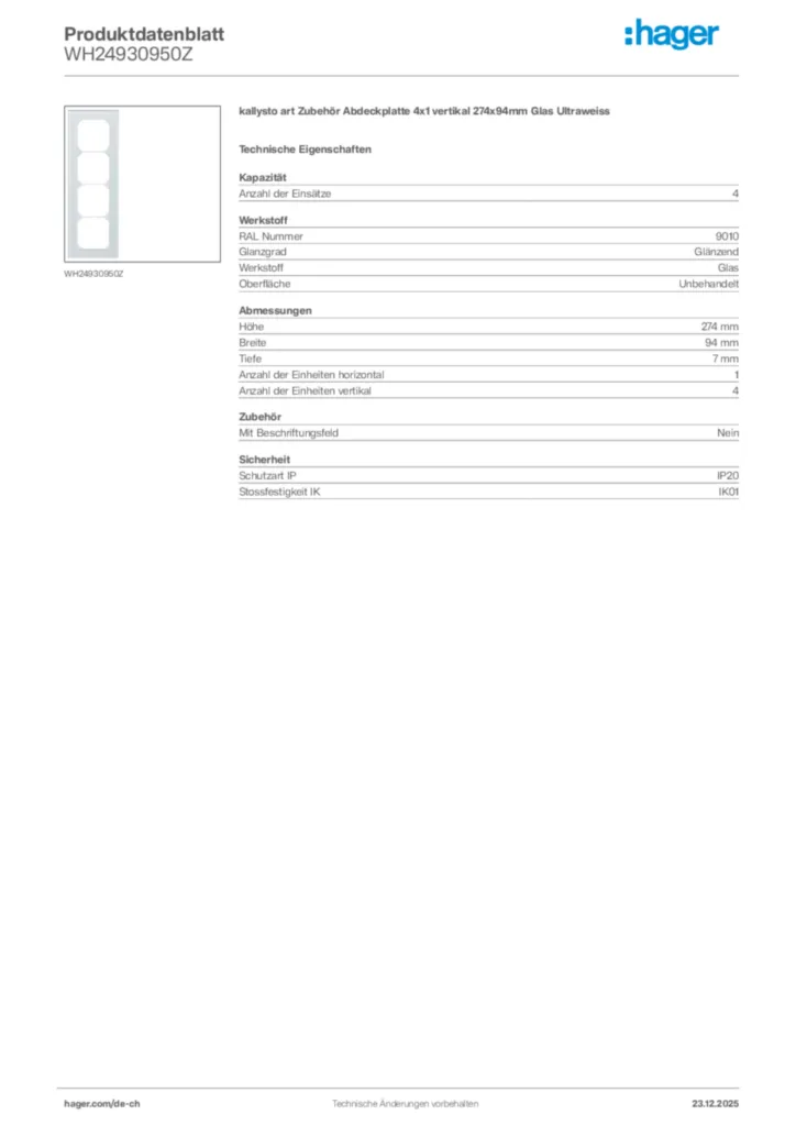 Bild Hager Produktdatenblatt WH24930950Z | Hager Schweiz
