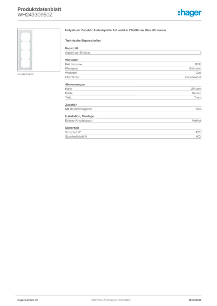 Bild Hager Produktdatenblatt WH24930950Z | Hager Schweiz
