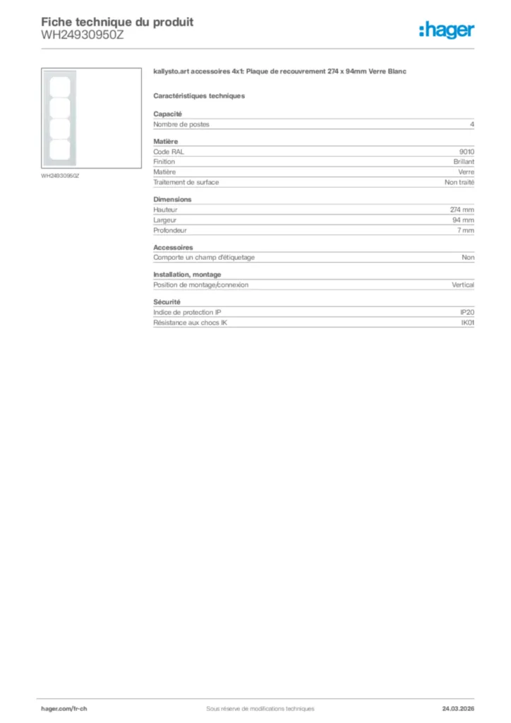 Image Hager Fiche technique du produit WH24930950Z | Hager Suisse