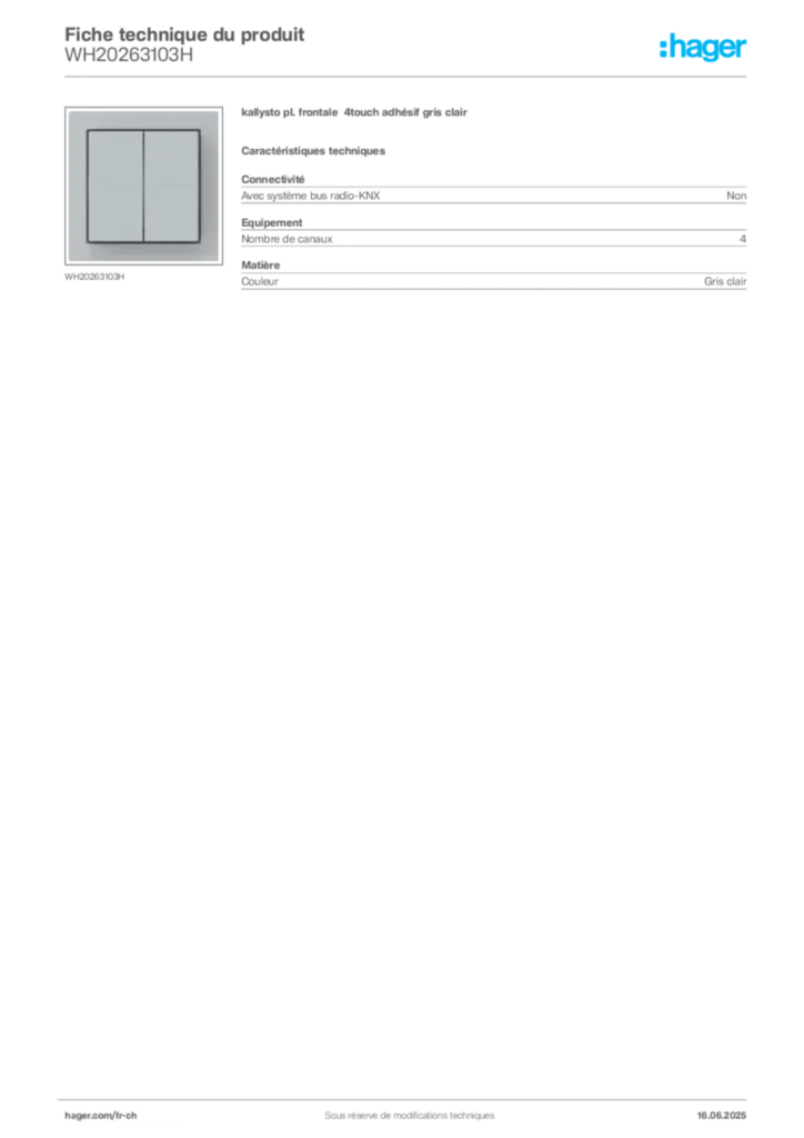 Image Hager Fiche technique du produit WH20263103H | Hager Suisse