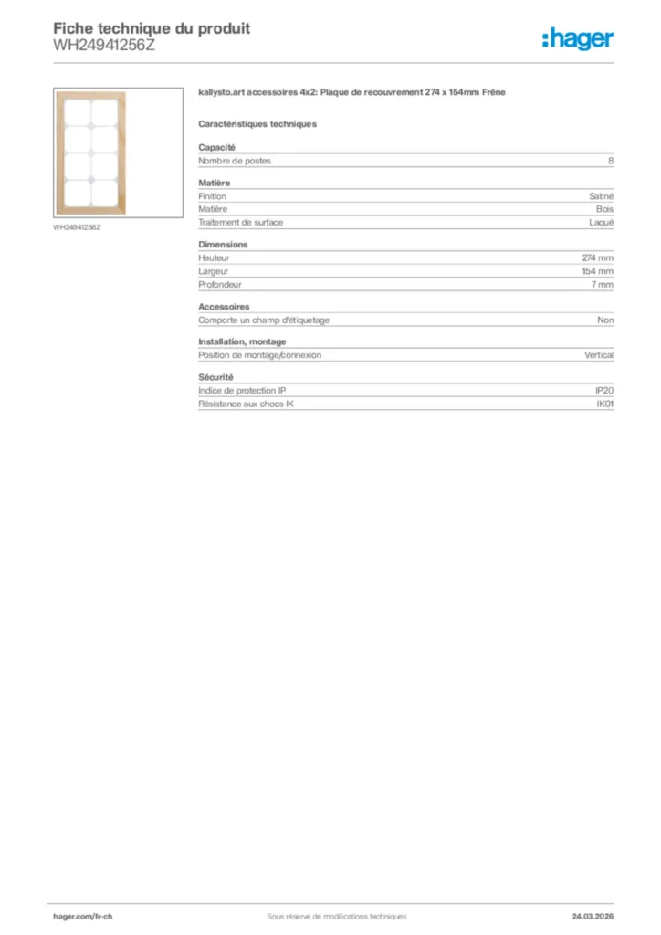 Image Hager Fiche technique du produit WH24941256Z | Hager Suisse