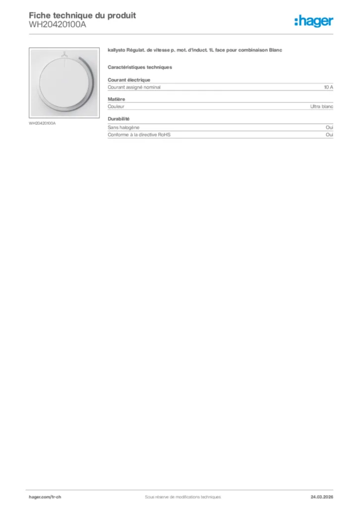 Image Hager Fiche technique du produit WH20420100A | Hager Suisse
