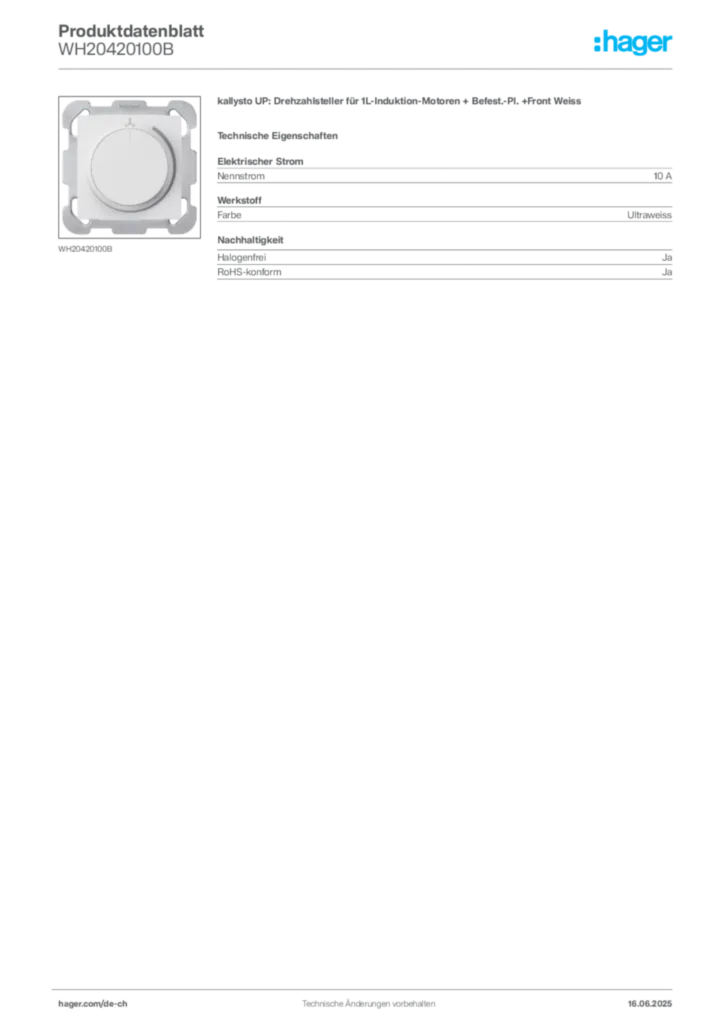 Bild Hager Produktdatenblatt WH20420100B | Hager Schweiz