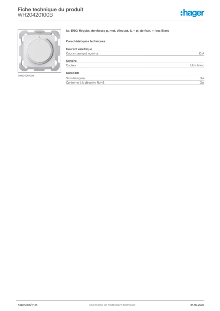 Image Hager Fiche technique du produit WH20420100B | Hager Suisse