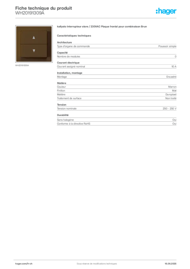 Image Hager Fiche technique du produit WH20191309A | Hager Suisse