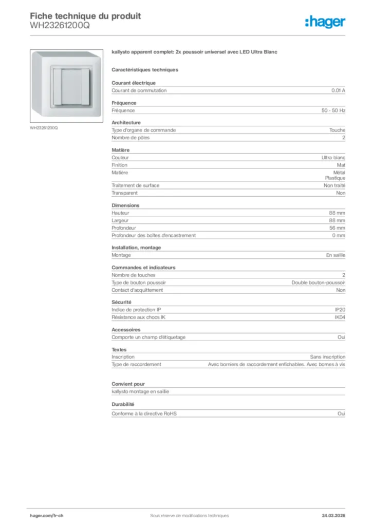 Image Hager Fiche technique du produit WH23261200Q | Hager Suisse