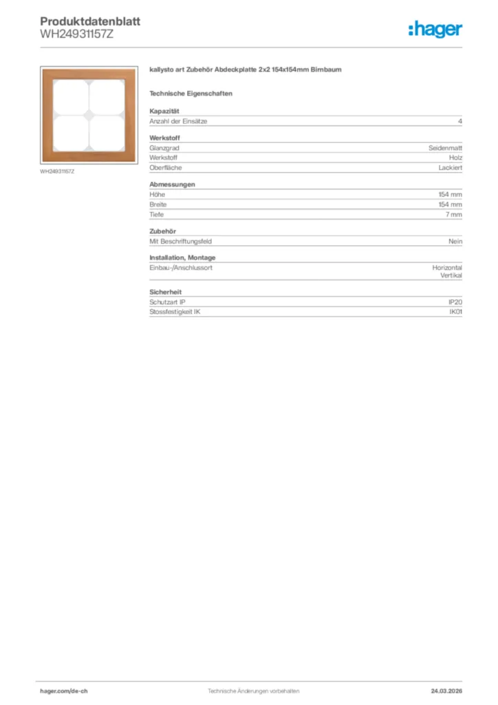 Bild Hager Produktdatenblatt WH24931157Z | Hager Schweiz