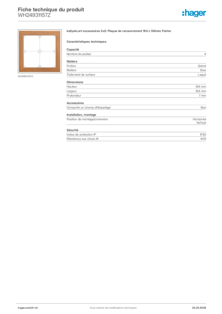 Image Hager Fiche technique du produit WH24931157Z | Hager Suisse