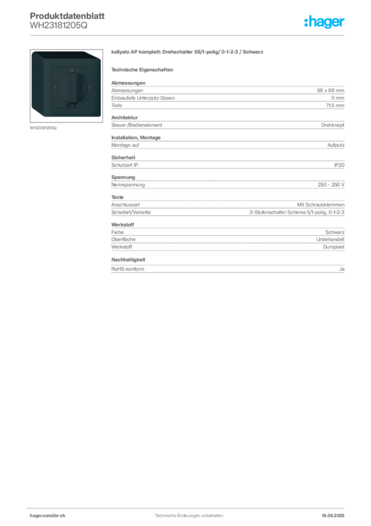 Bild Hager Produktdatenblatt WH23181205Q | Hager Schweiz
