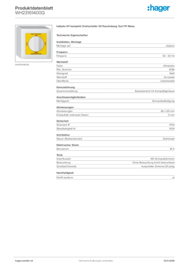 Bild Hager Produktdatenblatt WH23181400Q | Hager Schweiz