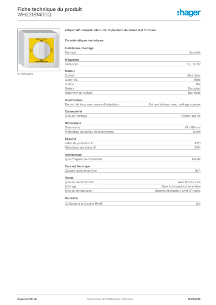 Image Hager Fiche technique du produit WH23181400Q | Hager Suisse