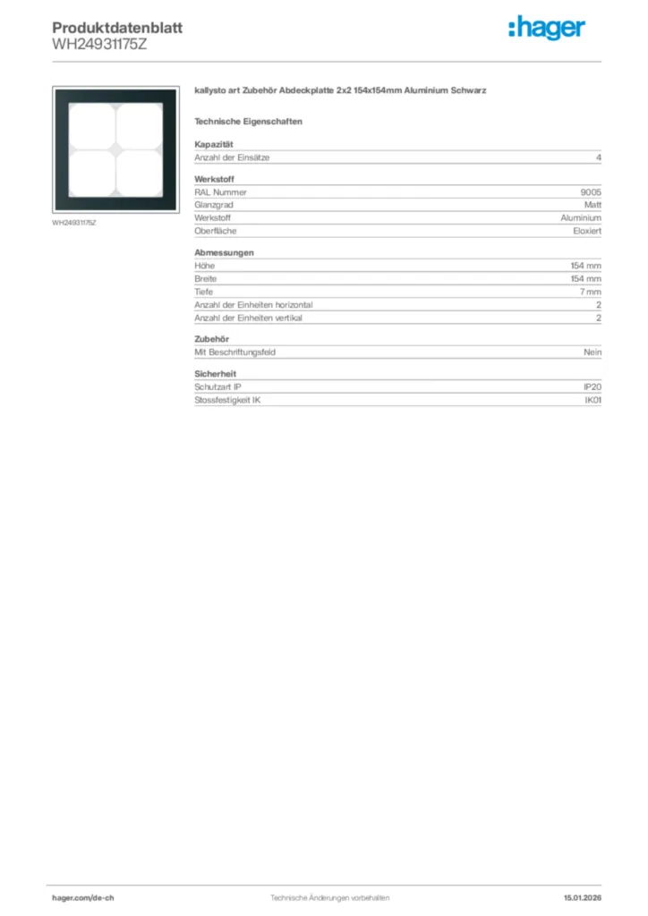 Bild Hager Produktdatenblatt WH24931175Z | Hager Schweiz