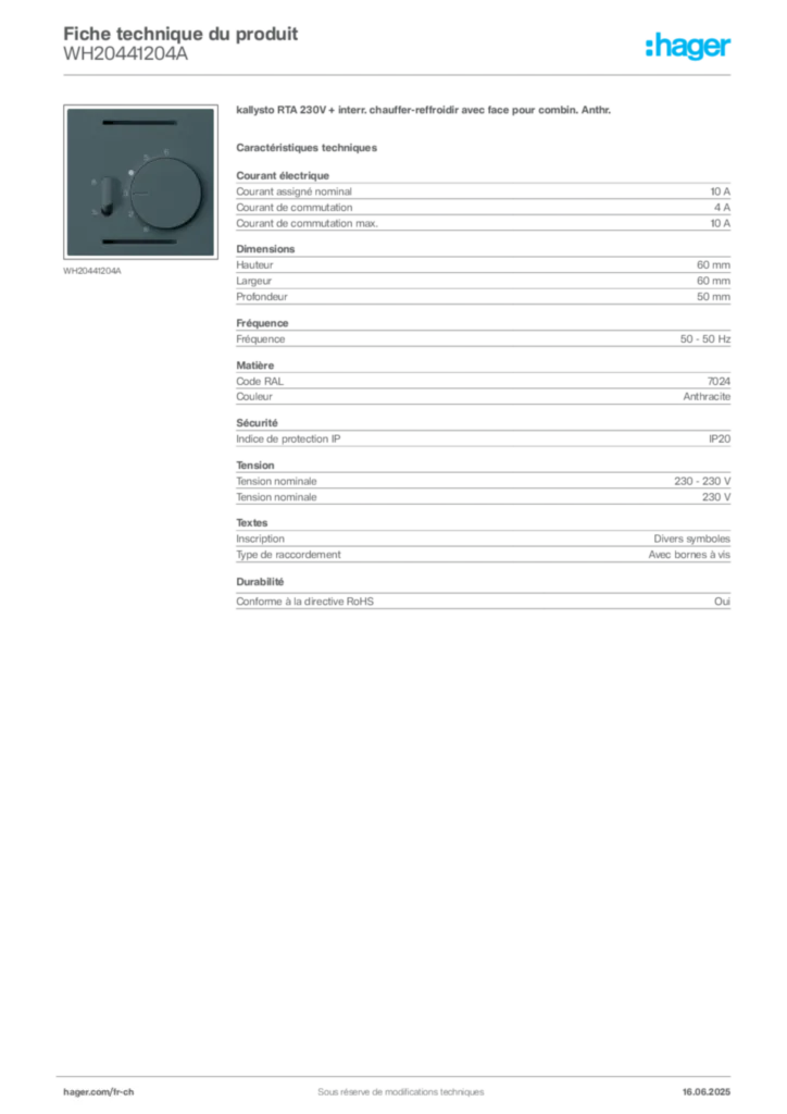 Image Hager Fiche technique du produit WH20441204A | Hager Suisse