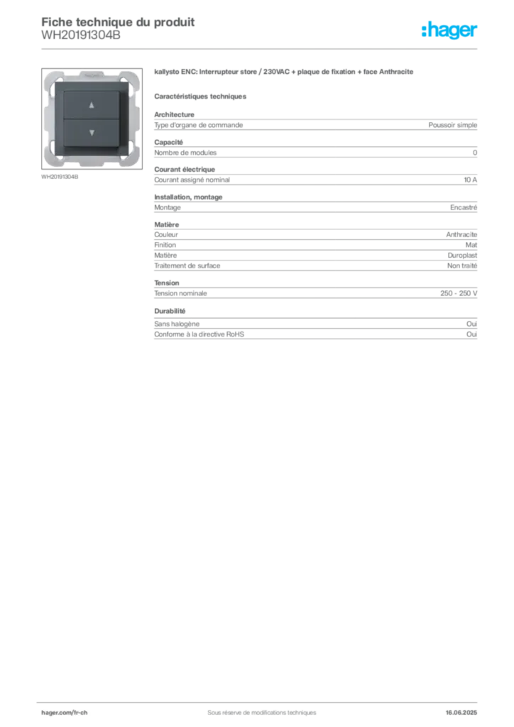 Image Hager Fiche technique du produit WH20191304B | Hager Suisse