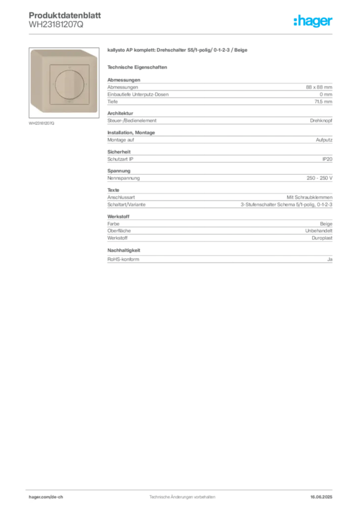 Bild Hager Produktdatenblatt WH23181207Q | Hager Schweiz