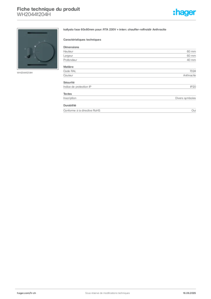 Image Hager Fiche technique du produit WH20441204H | Hager Suisse