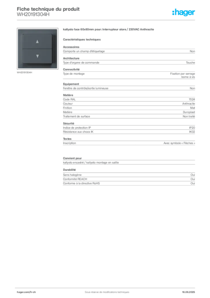 Image Hager Fiche technique du produit WH20191304H | Hager Suisse