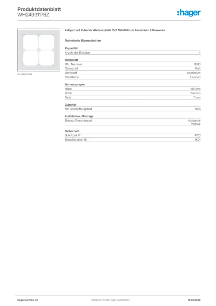 Bild Hager Produktdatenblatt WH24931176Z | Hager Schweiz