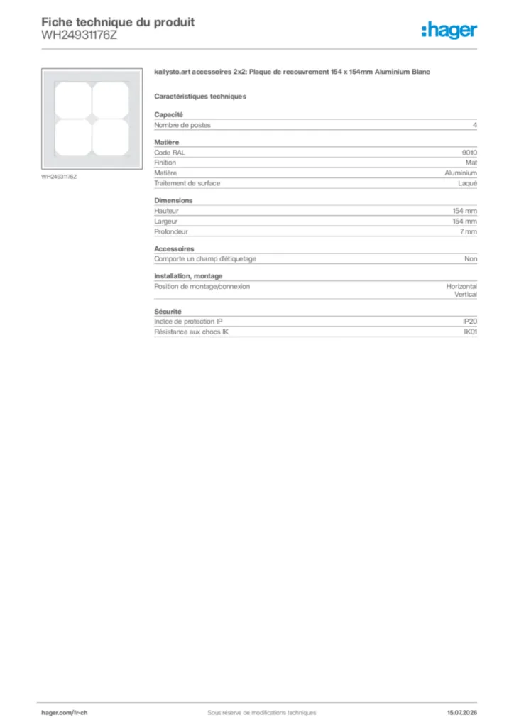 Image Hager Fiche technique du produit WH24931176Z | Hager Suisse