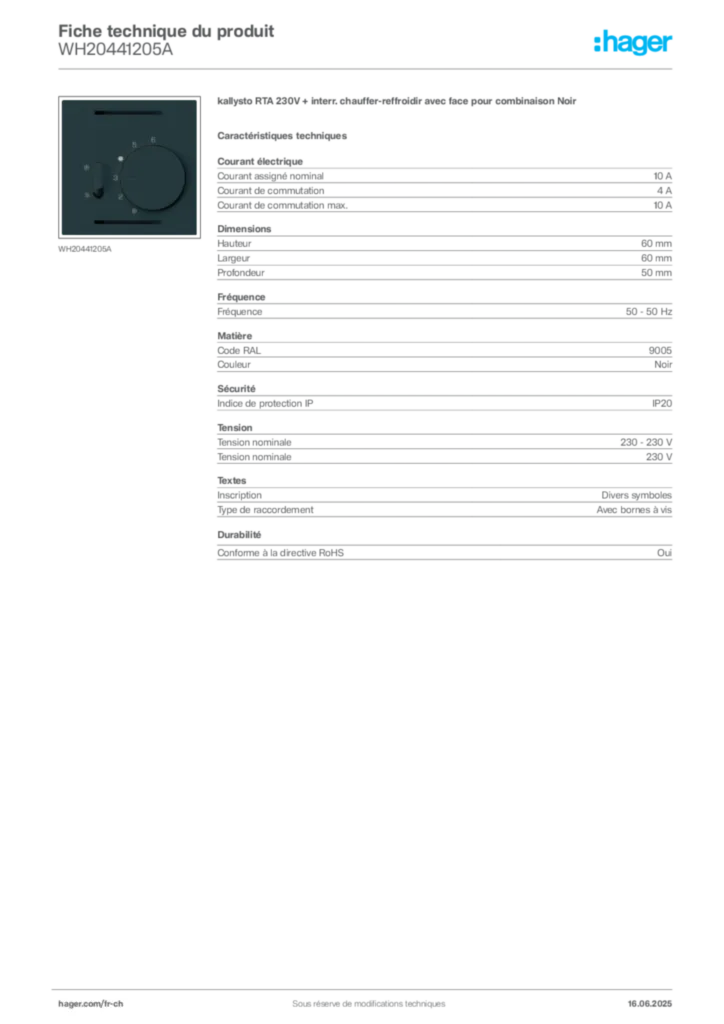Image Hager Fiche technique du produit WH20441205A | Hager Suisse