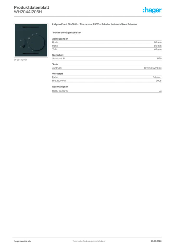 Bild Hager Produktdatenblatt WH20441205H | Hager Schweiz