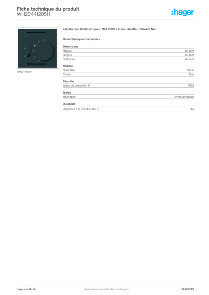 Image Hager Fiche technique du produit WH20441205H | Hager Suisse