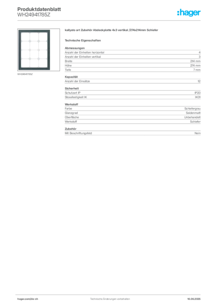 Bild Hager Produktdatenblatt WH24941785Z | Hager Schweiz