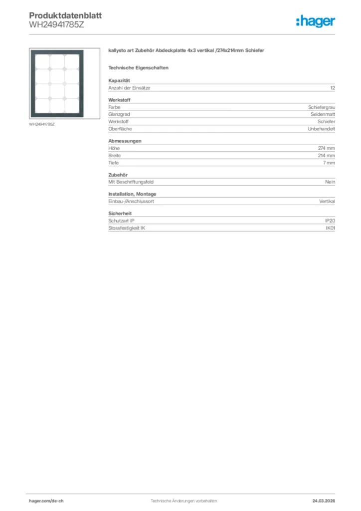 Bild Hager Produktdatenblatt WH24941785Z | Hager Schweiz