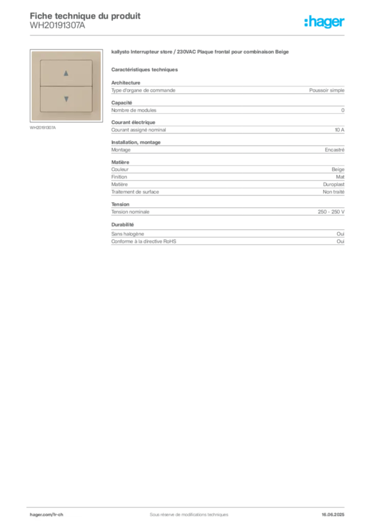 Image Hager Fiche technique du produit WH20191307A | Hager Suisse