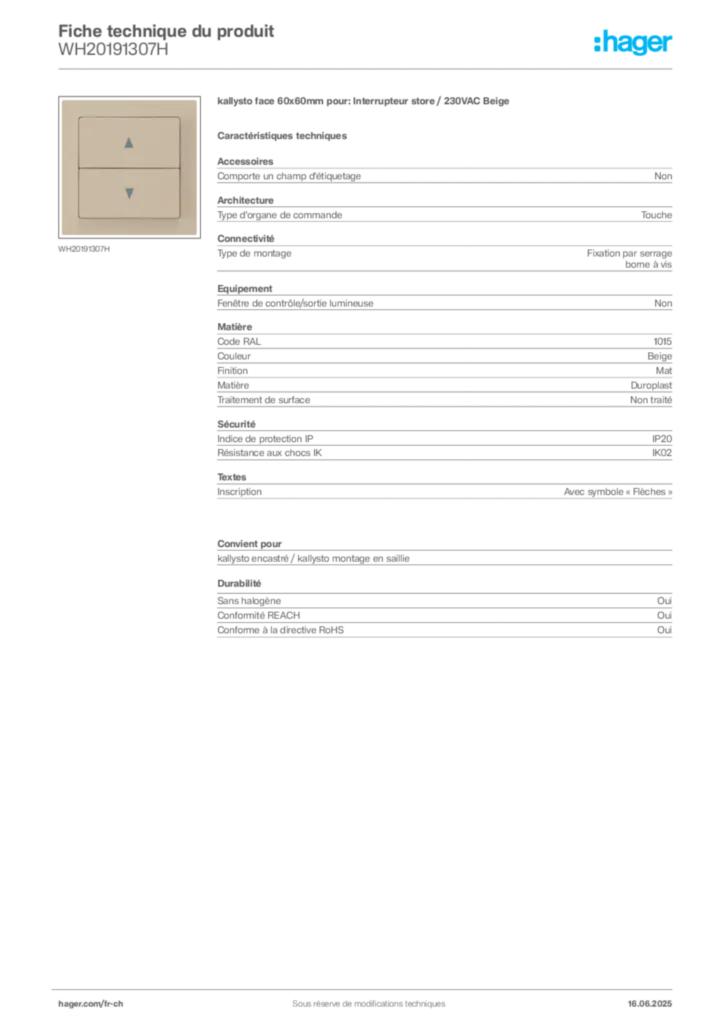 Image Hager Fiche technique du produit WH20191307H | Hager Suisse