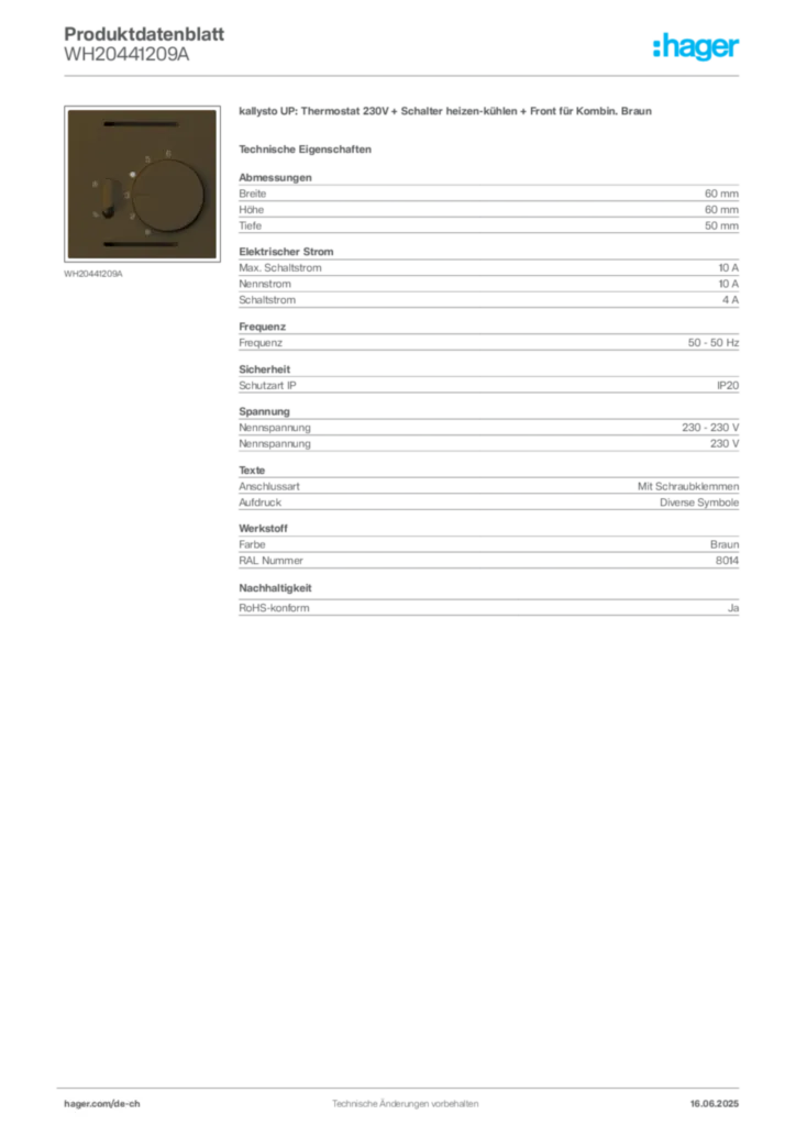 Bild Hager Produktdatenblatt WH20441209A | Hager Schweiz