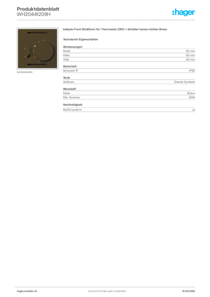 Bild Hager Produktdatenblatt WH20441209H | Hager Schweiz