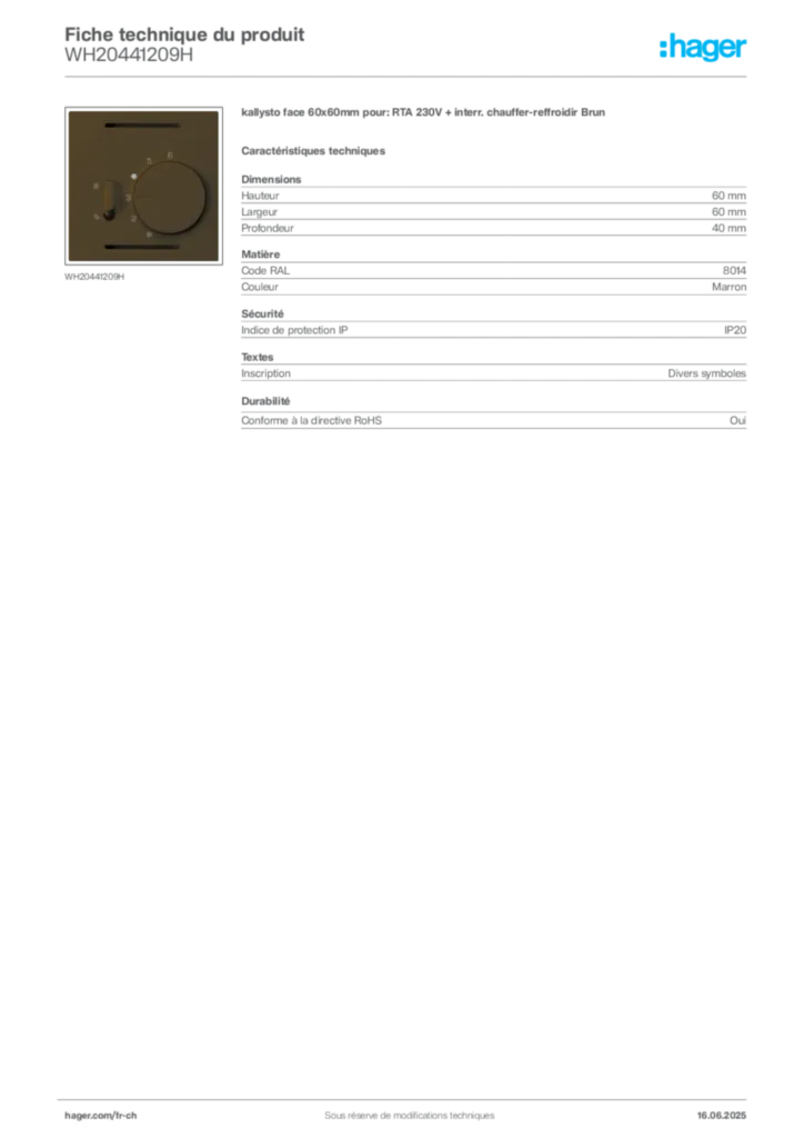 Image Hager Fiche technique du produit WH20441209H | Hager Suisse