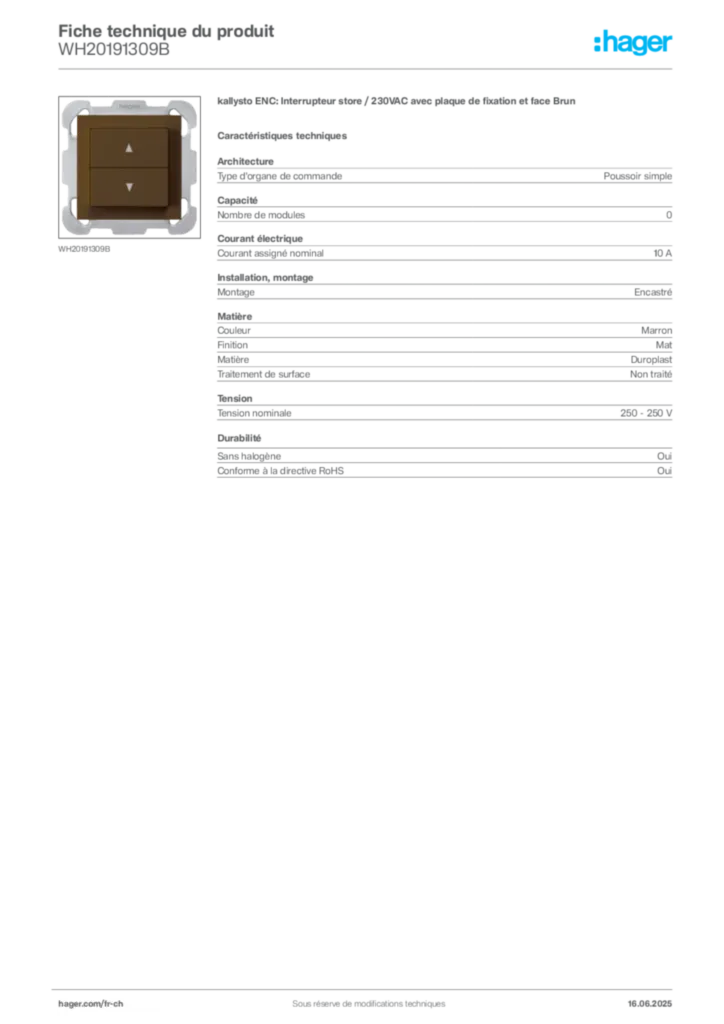 Image Hager Fiche technique du produit WH20191309B | Hager Suisse