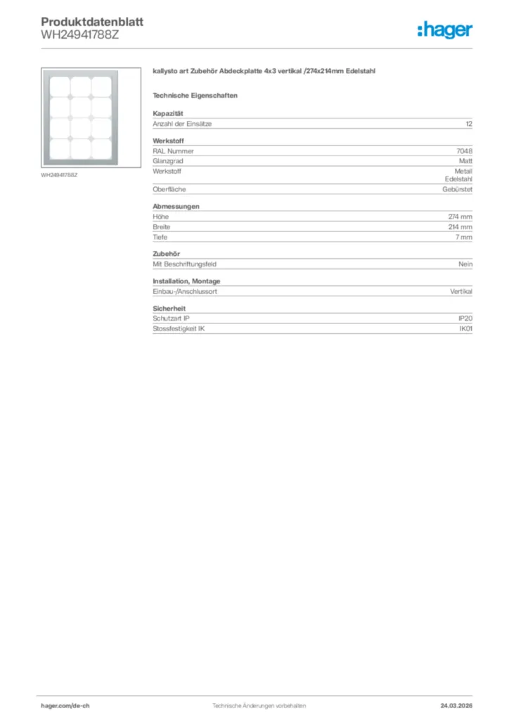 Bild Hager Produktdatenblatt WH24941788Z | Hager Schweiz