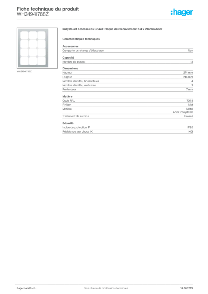 Image Hager Fiche technique du produit WH24941788Z | Hager Suisse