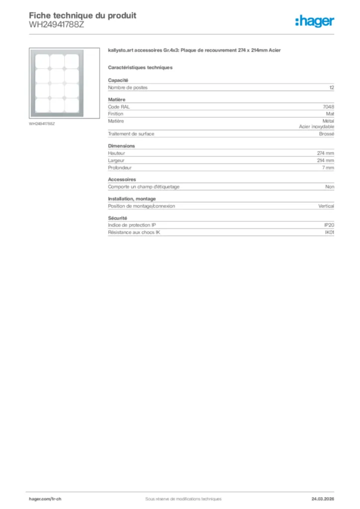 Image Hager Fiche technique du produit WH24941788Z | Hager Suisse